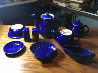 Vintage Hall China Pottery Cobalt Blue Set Teapots Salt Pepper Shakers Gravy Wow