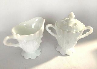 Milk Glass Creamer And Sugar Bowl With Lid Set - Floral Ribbed - White - Euc