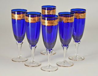 (6) Vintage Lead Crystal Cobalt Gold Champagne Flutes Bohemian Near