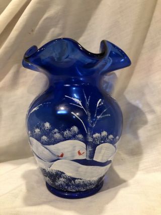 Fenton Lenox Hand Painted Canaan Valley On Cobalt Christmas Vase Winter Scene 05