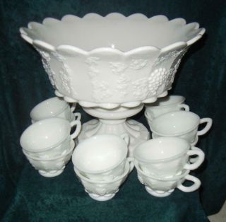 (14) Pc.  Westmoreland Paneled Grape Milk Glass Punch Bowl Set
