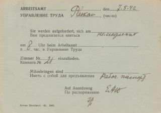 WWII PLESKAU,  RUSSIA FROM LABOR OFFICE REPORT for WORK in GERMANY May 1942 2