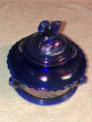 Westmoreland Electric Blue Carnival Glass Swan Covered Candy Dish