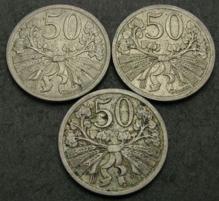 Czechoslovakia 50 Haleru 1922/1925 - Copper/nickel - 3 Coins.  - 2766