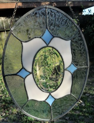 Vintage Lead Stained Glass,  Oval,  Beveled Center 11x15