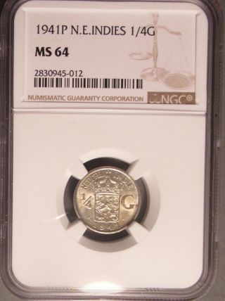 1941 P Netherlands East Indies Silver One Fourth Gulden (1/4 G),  Ngc Ms 64