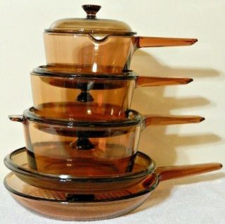8 Pc Set Visions Corning Usa Amber Glass Cookware Pots Pans Lids