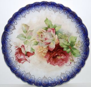 Flow Blue Plate Sterling China Roses Transferware 10 1/2 in 1920 2