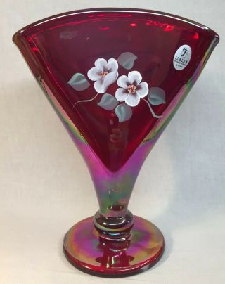Fenton Art Glass Hand Painted Damask Rose On Red Carnival Fan Vase