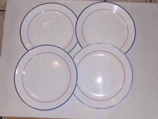 Set 4 Corning Corelle Plymouth Dinner Plates 10.  25 Inch Red Blue Bands