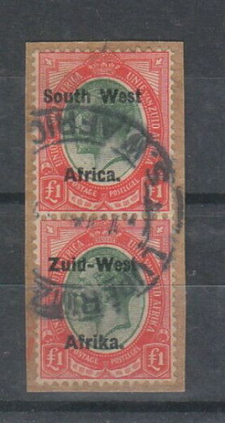 South West Africa 1923 £1 Green & Red Pair Sg 27 On Piece Cat £475