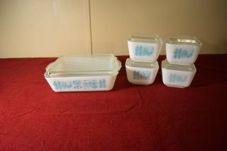 Vtg Pyrex Set Amish Butter Print Blue Refrigerator Dishes 501,  503