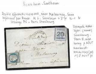 Alsace - Lorraine Covers 1871 Mixed Franked Mourning Cover Sennheim To Malaunay