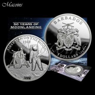 Moon Landing: First Man On The Moon 2019 Barbados 1 Oz 999 Silver Proof Coin