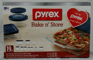 Pyrex 19 - Piece Glass Bake And Store Set Glassware With Blue Lids - Oven Safe