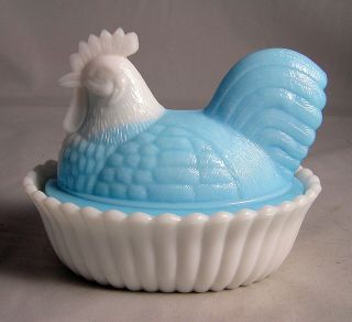 Vintage Westmoreland Hen On Nest Candy Dish Bowl Blue/white Exc.