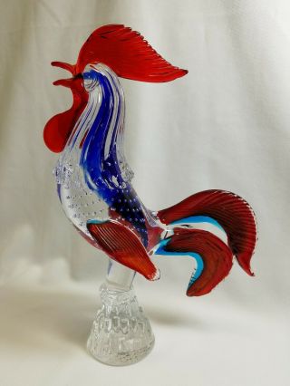 Murano Art Glass Rooster Cockerel 11.  75 " Figurine Red Clear Blue