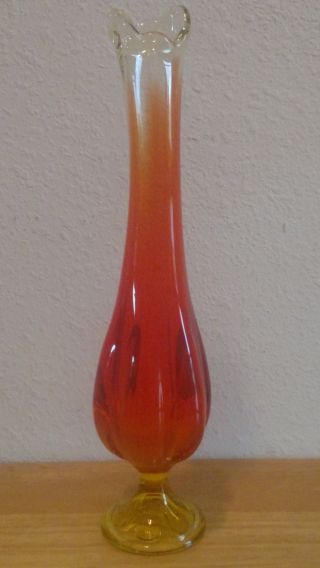 Art Glass,  Mid Century Vase,  Orange And Yellow,  Tear Drop Vase Scalloped Edge