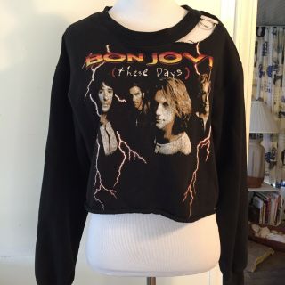 Bon Jovi Sweatshirt Cropped Distressed Black 1995 Tour Retro Remake Sz Medium