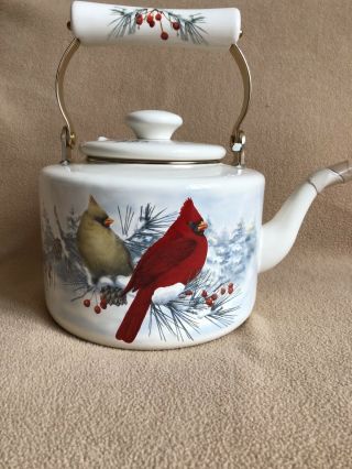 Lenox 2001 Winter Greetings Enamel Tea Kettle Cardinals