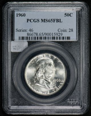 1960 50c Franklin Half Dollar,  Luster White Coin Pcgs Ms65 Fbl S447