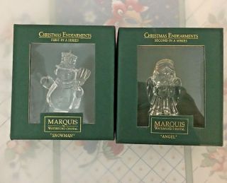 Marquis Waterford Crystal Christmas Endearments Snowman & Angel Ornaments Vtg