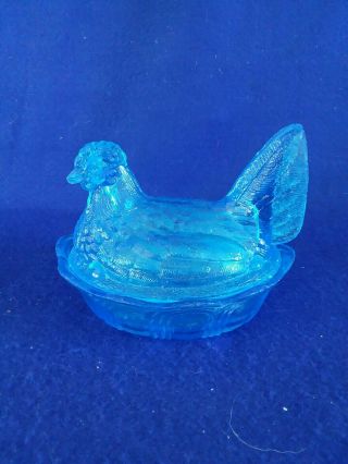 Vintage Blue Glass Chicken Hen Nest Covered Candy Dish