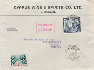 Cyprus To Switzerland Limassol Gvi 2p50 Castle Censor Xmas Seal Wine Advert 1939