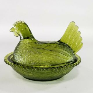 Vintage Green Glass Chicken Hen Nest Covered Farmhouse Candy Dish Bowl Rooster