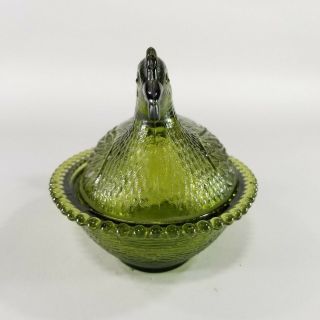 Vintage Green Glass Chicken Hen Nest Covered Farmhouse Candy Dish Bowl Rooster 2