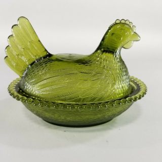 Vintage Green Glass Chicken Hen Nest Covered Farmhouse Candy Dish Bowl Rooster 3