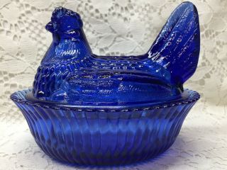 Blue Vaseline Glass Hen Chicken On Nest Basket Dish Candy Butter Uranium Cobalt