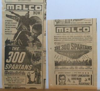 Two 1962 Newspaper Ads For Movie " The 300 Spartans " - Mighty Epic,  Egan,  Baker