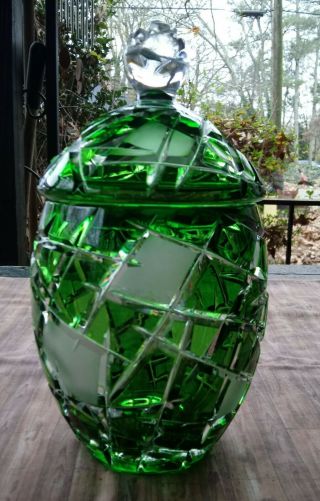 Caesar Crystal Emerald Green Lidded Jar Hand Cut To Clear Overlay Czech Bohemian