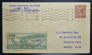 England 1933 Gwr Airmail Stamp On Flight Cover Birmingham To London,  Label,  Gb,  Uk
