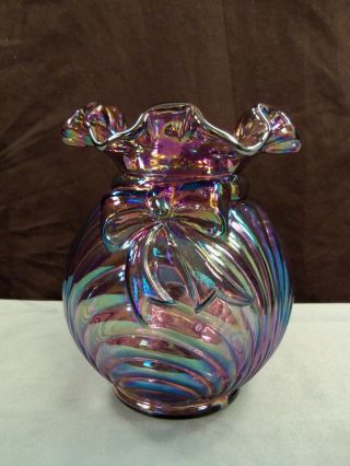 Fenton Purple Iridescent Carnival Glass Vase W/ Bow & Drape Drapery Design