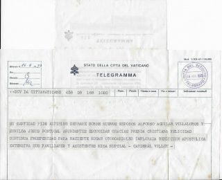 1973 Telegram From Cardinal Villot (sec.  Of State) In Vatican City To Lima,  Peru