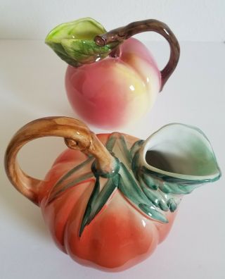 2 Vintage Ancora Tomato Shaped & Peach Shaped Hand Crafted Ceramic Pitchers