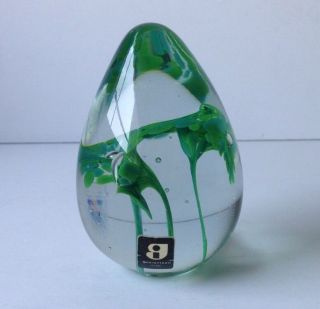 Vintage Kerry Glass Egg Shape Paperweight Green Floral Motif Label