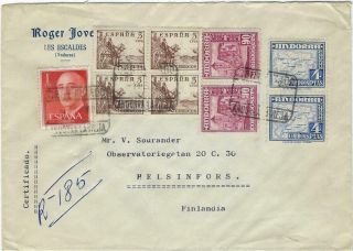 Spanish Andorra And Spain 1960 Reg Mixed Franking Airmail Cover To Finland