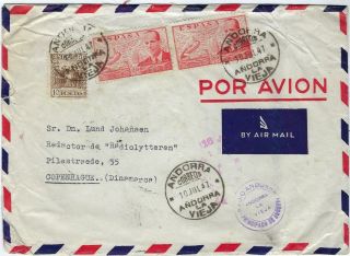 Spanish Andorra And Spain 1947 Airmail Cover To Demanrk