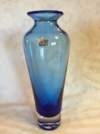 Vintage Blenko Hand Blown Cobalt Blue Clear Art Glass Vase 10” Tall Heavy