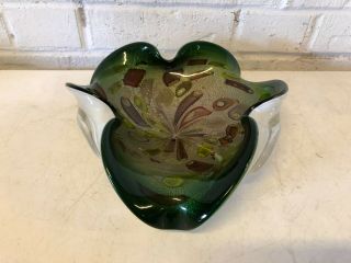 Vintage Murano Art Glass Green Bowl / Centerpiece With Multicolored Speck Dec.