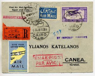 Egypt 1929 Very Fine Registered First Flight Airmail Cover From Cairo To Crete