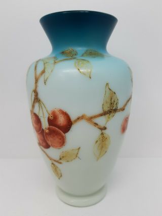 Antique Thomas Webb & Sons Hand Painted Cherry Tree Decorated Glass Vase Signed