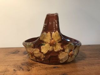 Ned Foltz Pottery Redware Bowl With Handle,  Floral Pattern,  Signed,  Dated 2000 2