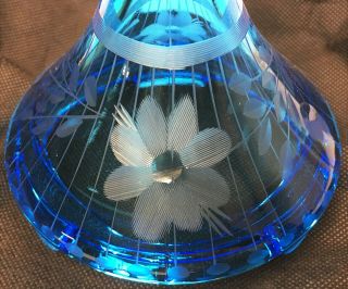 Vtg 1925 Fostoria 2297 Wheel Cut Floral Blue Glass Candlestick Candle Holders 3