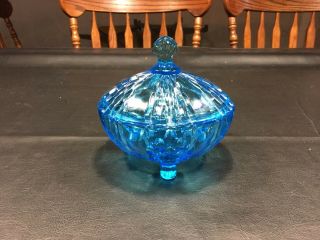 Vintage Deep Blue 3 Footed Glass Candy Dish With Lid