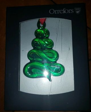 Orrefors Green Crystal Holly Days Christmas Tree Shaped Ornament Box
