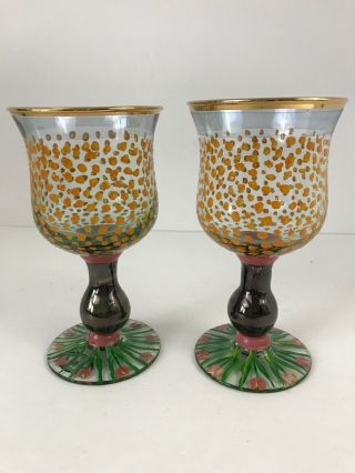 Set - 2 Mackenzie Childs Piccadilly Circus Tulip 5.  5” Water Wine Goblet Art Glass
